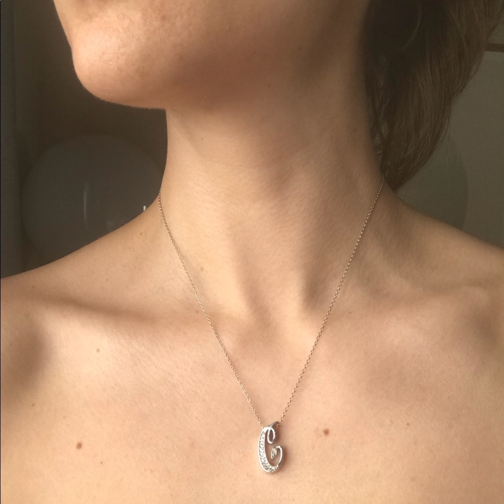14K white gold diamond encrusted C necklace